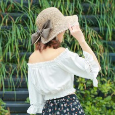 EP_ Mujer Summer Bowknot Wide Brim Hat Cocktail Party Travel Grass Visor Cap San  eb-91660861